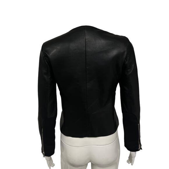 SANDRO Black Lamb Leather Textured Trim Collarless Full Zip Blazer Jacket Size S - Picture 2 of 5